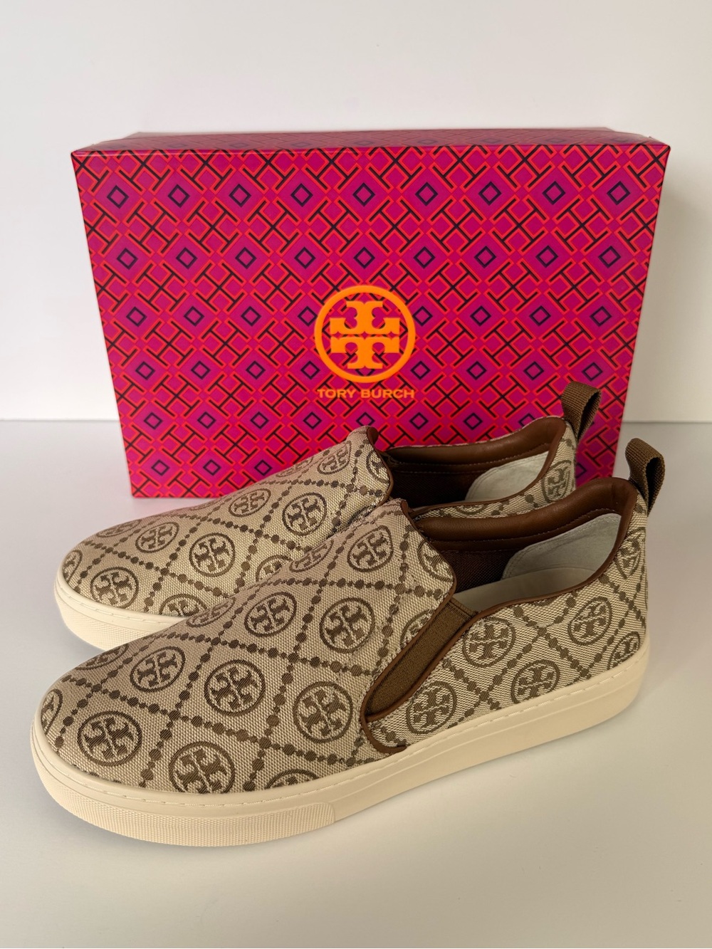 Tory Burch T Monogram Slip On Sneakers Hazel Caballo Brown Jacquard Leather 9.5